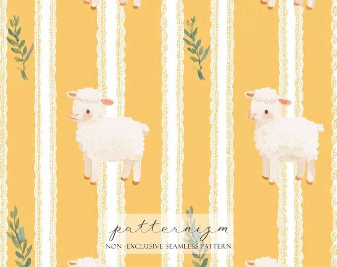 Cute Lamb Stripe Seamless Pattern – Yellow Gingham with Lace and Greenery, Nursery Farm Digital Paper