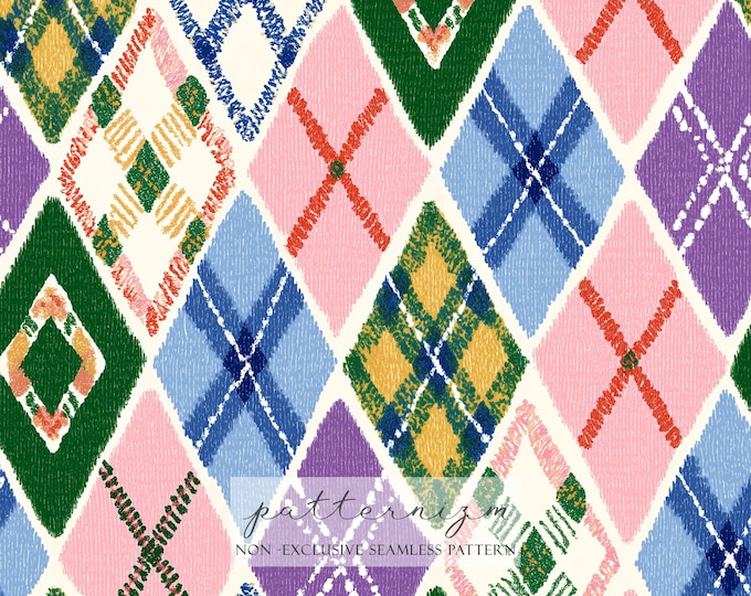 Colorful Argyle Seamless Pattern – Drawn Diamond Plaid, Playful Knitted Look Digital Paper for Fabric & Crafts