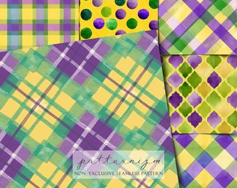 Mardi Gras Seamless Paper Pack, 18 Background, Tartan, Plaid, Texture, Watercolor, Scrapbook, Journal, Digital Download, Trending Now