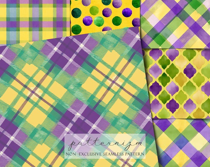 Mardi Gras Seamless Paper Pack, 18 Background, Tartan, Plaid, Texture, Watercolor, Scrapbook, Journal, Digital Download, Trending Now