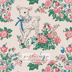 Padrão sem costura com laço de ovelhinha fofo – Flores da primavera com ovelhinha, delicado papel digital de Páscoa para artesanato e tecido