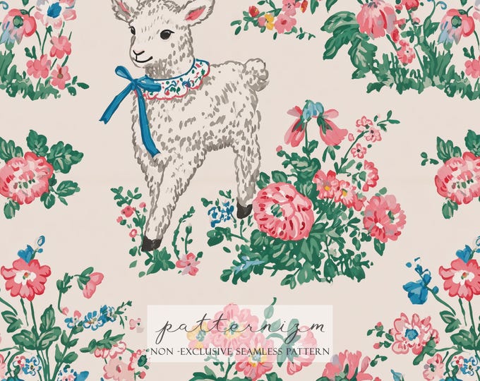 Cute Lamb Bow Seamless Pattern – Spring Florals with Baby Sheep, Soft Easter Digital Paper for Crafts & Fabric