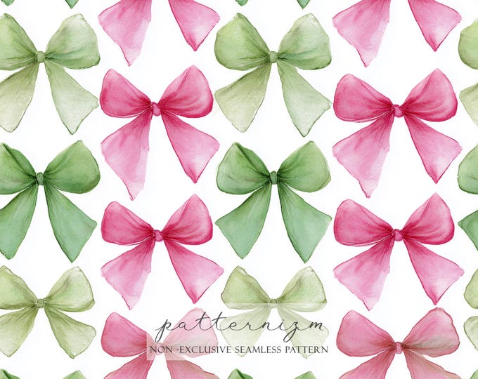 Watercolor Bows Seamless Pattern – Repeat Pink and Green Ribbon Clipart Design for Christmas Crafts, Wrapping, Fabric & Scrapbooking