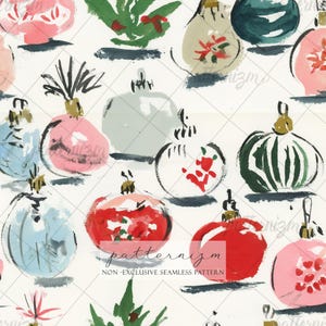 May include: A seamless pattern featuring hand-painted watercolor illustrations of various Christmas ornaments in shades of red, pink, green, and blue on a white background. The design includes the text patternizm NON-EXCLUSIVE SEAMLESS PATTERN.