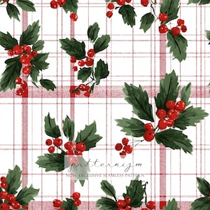 May include: A seamless pattern of holly branches with red berries and green leaves, set against a white and red plaid backdrop. The text "patternizm" and "NON-EXCLUSIVE SEAMLESS PATTERN" are visible.
