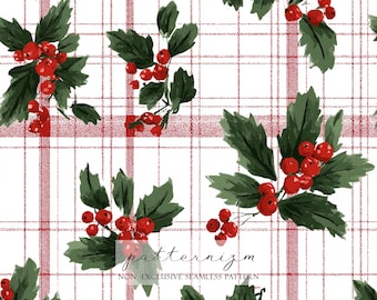 Holiday Holly Seamless Pattern – Red Plaid Tartan with Christmas Berries Digital Paper for Winter Crafts & Decor