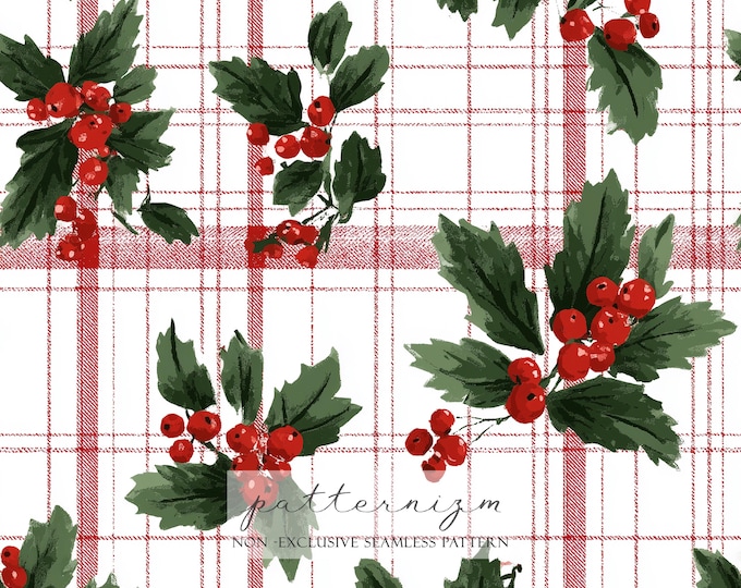 Holiday Holly Seamless Pattern – Red Plaid Tartan with Christmas Berries Digital Paper for Winter Crafts & Decor