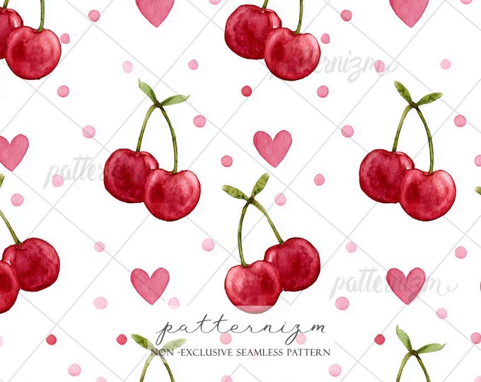 Cherry Hearts Seamless Pattern – Cute Coquette Fruit Design, Romantic Pink Red Repeat, Girly Fabric Print