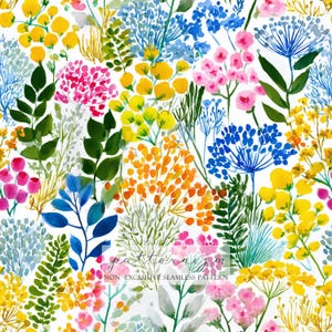 May include: A vibrant watercolour floral pattern with a mix of colourful flowers and foliage. The design showcases yellow, pink, blue, and orange blooms, with green leaves and stems against a white backdrop. The text "patternizm" and "NON-EXCLUSIVE SEAMLESS PATTERN" is visible.