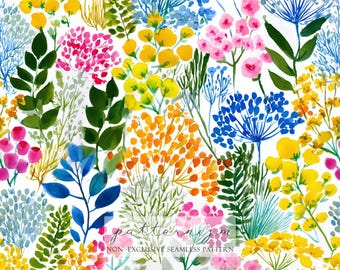 Colorful Wildflower Seamless Pattern – Vibrant Bright Botanical Watercolor Floral Design for Fabric, Wallpaper & Crafts