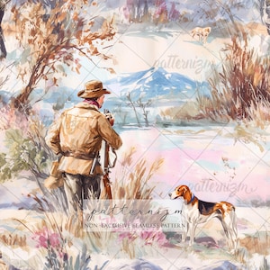 Seamless Hunting Scene Pattern Digital Download – Vintage Outdoors Man & Dog Design, Rustic Nature Fabric Print