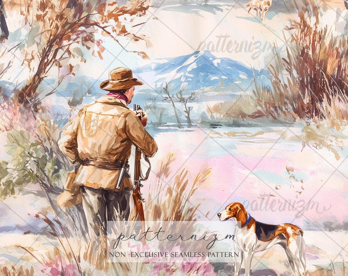 Seamless Hunting Scene Pattern Digital Download – Vintage Outdoors Man & Dog Design, Rustic Nature Fabric Print