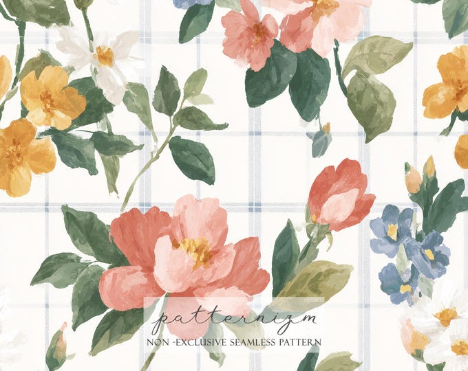 Seamless Plaid Watercolor Floral Pattern Digital Download – Cottage Garden Flowers Repeat, Soft Fabric Design