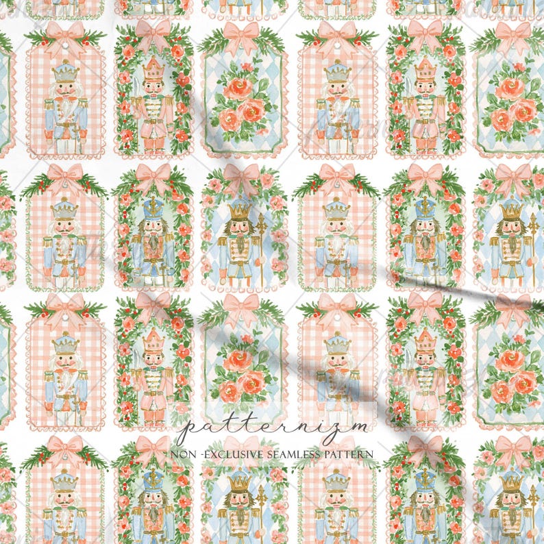 May include: A seamless pattern featuring repeating rectangular tags with scalloped edges. The design includes illustrations of nutcrackers in blue and pink uniforms, and bouquets of pink roses, all framed by green pine branches and pink bows.