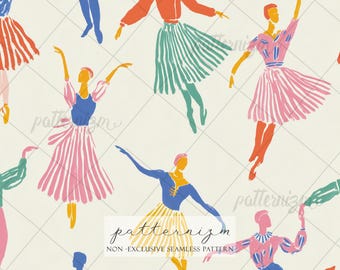 Whimsical Dancers Seamless Pattern – Ballet and Folk Dance Design, Colorful People Printable, Artistic Fabric for Kids & Craft Projects