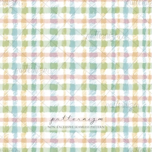 May include: A seamless pattern featuring a pastel plaid design in shades of blue, green, pink, and yellow. The pattern has a hand-drawn, textured appearance. The text "patternizm" and "NON-EXCLUSIVE SEAMLESS PATTERN" are at the bottom.