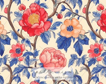 Seamless Vintage Floral Pattern Digital Download – Red & Orange Peony with Blue Leaves, Whimsical Botanical Fabric for Home Decor