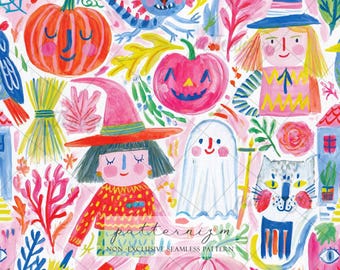 Cute Halloween Seamless Pattern Digital Download – Whimsical Witch & Ghost Design, Pink Spooky Printable, Kawaii Fall Fabric