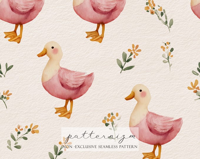 Pink Duck Seamless Pattern – Cute Watercolor Duckling Repeat with Flowers for Baby Fabric, Nursery Decor and Kids Crafts