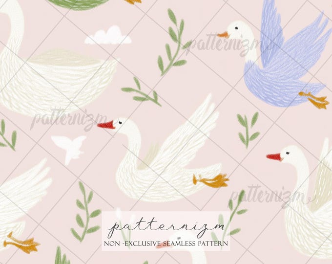 Seamless Goose Pattern Digital Download – Whimsical Flying Geese Illustration, Soft Pastel Fabric Design