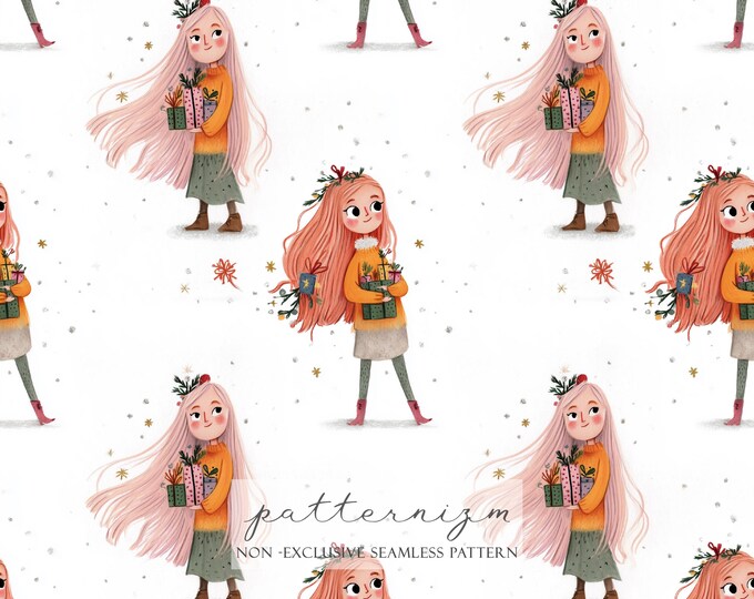 Winter Girl Seamless Pattern, Cute Holiday Autumn Fall Design, Cozy Christmas Illustration for Fabric & Paper, Scrapbook, Digital Download