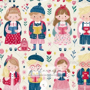 Puede incluir: Patrón repetitivo con ilustraciones de niños con libros, mochilas y elementos florales. Los niños visten varios atuendos, incluyendo vestidos, abrigos y sombreros. El fondo es de color beige claro con un diseño de cuadrícula. El texto "patternizm" es visible.