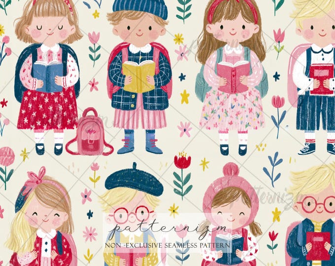 Seamless Back to School Kids Pattern Digital Download – Cute Reading Children Design, Whimsical Classroom Print, Nursery Fabric