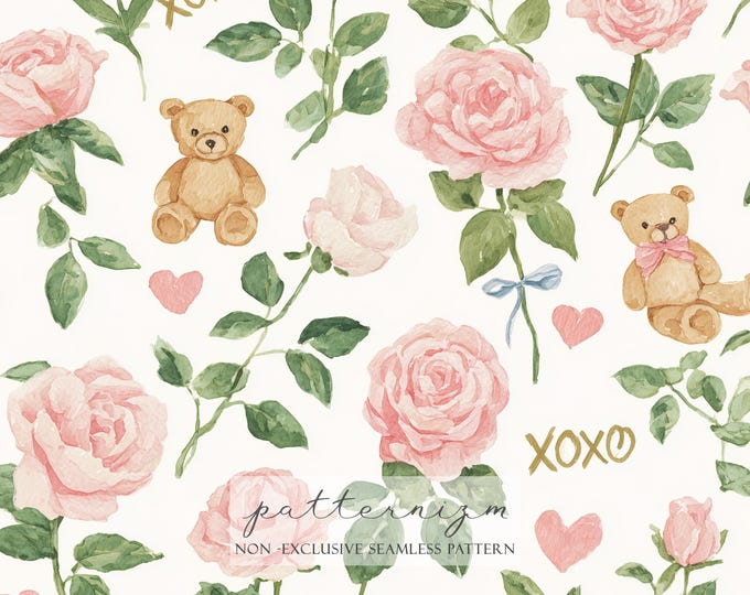 Rose Teddy Seamless Pattern Digital Paper – Cute Valentine Floral Bear Repeat Design