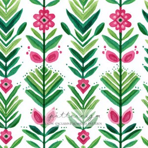 Könnte beinhalten: Nahtloses Aquarellmuster mit stilisierten grünen Blättern und rosa Blüten auf weißem Hintergrund. Das Design zeigt vertikale Reihen floraler Elemente im Folk-Art-Stil. Der Text "patternizm" und "NON-EXCLUSIVE SEAMLESS PATTERN" sind sichtbar.