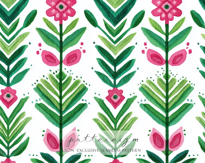 Folk Floral Stripe Seamless Pattern – Green Geometric Leaves with Pink Blooms, Painterly Digital Paper