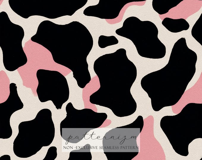 Cow Print Seamless Pattern Digital Paper – Pink and Black Abstract Animal Spots for Trendy Crafts & Apparel Design