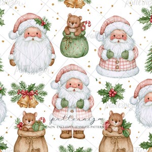 May include: A seamless pattern featuring watercolor illustrations of Santa Claus in pink plaid coats, brown teddy bears inside green sacks with candy canes, gold bells with holly, and scattered gold dots on a white background with text overlay.