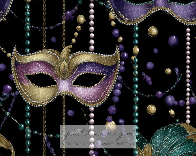 Mardi Gras Mask Seamless Pattern – Glitter Beads and Festive Carnival Elements, Glam Digital Paper for Crafts