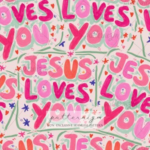 May include: A seamless pattern featuring the repeating text JESUS LOVES YOU in bold, hand-painted style pink and red lettering. The design includes small red hearts, blue and pink star shapes, and light green brushstroke accents on a pale pink background.