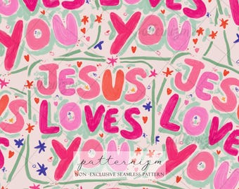 Seamless Jesus Loves You Pattern Digital Download – Christian Faith Typography Design, Easter Religious Print, Whimsical Fabric Kids Crafts