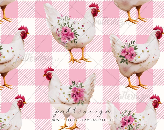 Floral Chicken Seamless Pattern Digital Download – Pink Gingham Hen Print, Cottage Farm Design, Coquette Chicken Pattern, Country Fabric