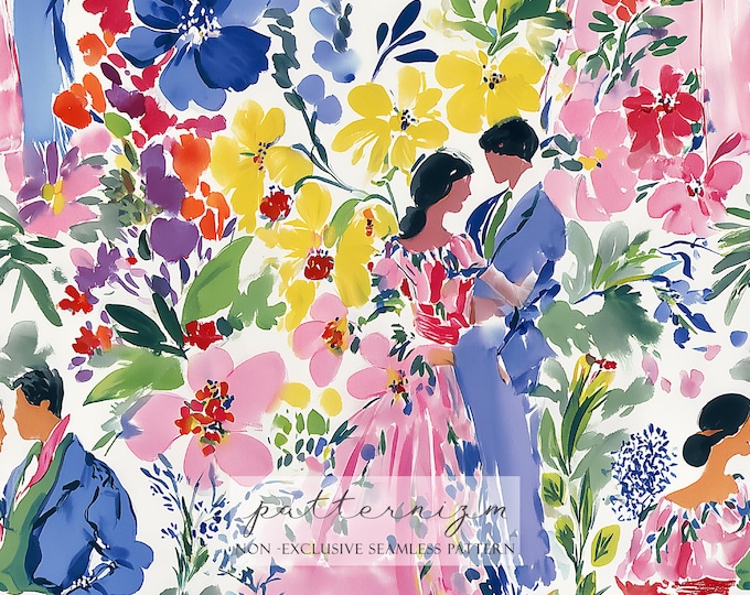 Romantic Floral Couple Seamless Pattern – Watercolor Love Scene with Bright Flowers for Valentine’s Day, Fabric, Scrapbooking