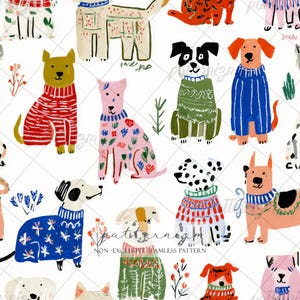 Può includere: Un motivo ripetuto di cani illustrati che indossano maglioni in vari colori, tra cui rosso, blu, rosa e verde, su sfondo bianco. La frase "NON-EXCLUSIVE SEAMLESS PATTERN" è stampata in nero.