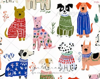 Seamless Cozy Dog Pattern Digital Download – Cute Sweater Puppies Print, Whimsical Pet Design, Christmas Fabric, Kids Nursery Art