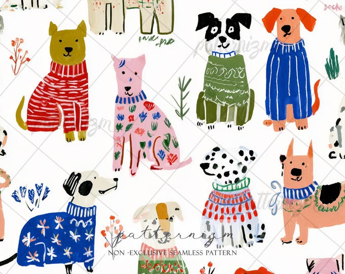 Seamless Cozy Dog Pattern Digital Download – Cute Sweater Puppies Print, Whimsical Pet Design, Christmas Fabric, Kids Nursery Art