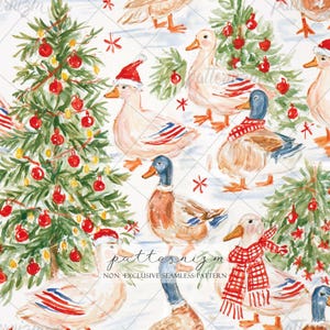 May include: A seamless pattern featuring watercolor illustrations of ducks and Christmas trees. The ducks wear red Santa hats or red and white plaid scarves. The green Christmas trees are decorated with red ornaments and yellow lights.