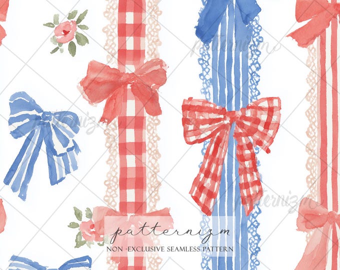 Seamless Patriotic Bow Pattern Digital Download – 4th of July Americana Gingham & Lace Ribbon Design, Vintage Cottagecore Fabric