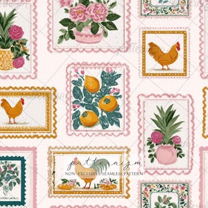 Seamless Vintage Farmhouse Stamp Pattern Digital Download – Cottagecore Rooster & Floral Frames Design, Rustic Country Print