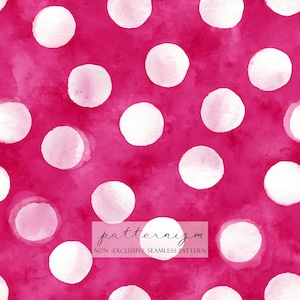 Puede incluir: Patrón sin costuras con lunares blancos de acuarela sobre un fondo magenta vibrante. El diseño presenta una textura de acuarela y el texto "patternizm NON-EXCLUSIVE SEAMLESS PATTERN".