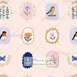 Mini Floral Frame Pattern, Cute Vintage Motif Seamless Design, Decorative Botanical Fabric, Soft Pastel Icons