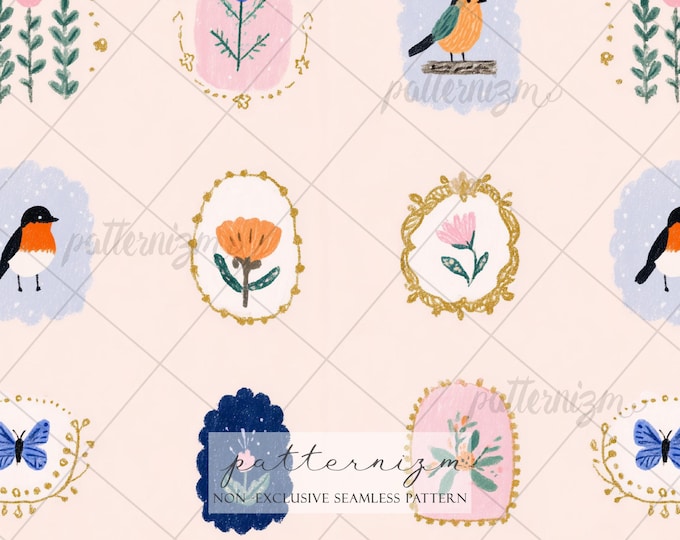 Mini Floral Frame Pattern, Cute Vintage Motif Seamless Design, Decorative Botanical Fabric, Soft Pastel Icons