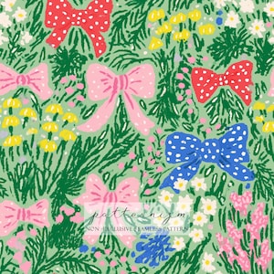 May include: A seamless pattern design with bows and floral elements in pink, red, blue, yellow, and white on a light green background. The design includes the text "patternizm" and "NON-EXCLUSIVE SEAMLESS PATTERN".
