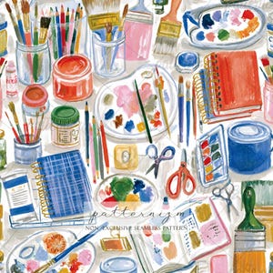May include: A seamless pattern illustration featuring various art supplies including paintbrushes in glass jars, colorful pencils, paint palettes with mixed pigments, spiral-bound notebooks, watercolor sets, scissors, and paint tubes on a white background.
