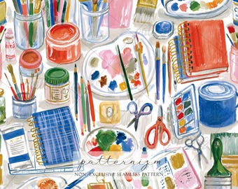 Seamless Art Supply Pattern Digital Download – Paintbrush & Palette Design, Creative Studio Print, Whimsical for Kids Crafts