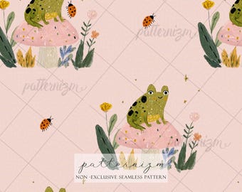 Cute Frog Mushroom Seamless Pattern Digital Download – Woodland Fairy Garden Design, Cottagecore Fabric Print